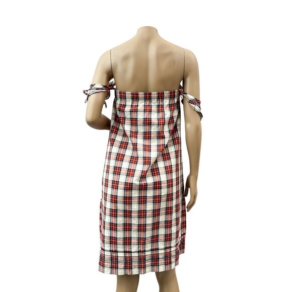 A.P.C. Off-Shoulder Plaid Midi Sheath Dress Bow Tie Details Linen Blend Womens M - Picture 2 of 11